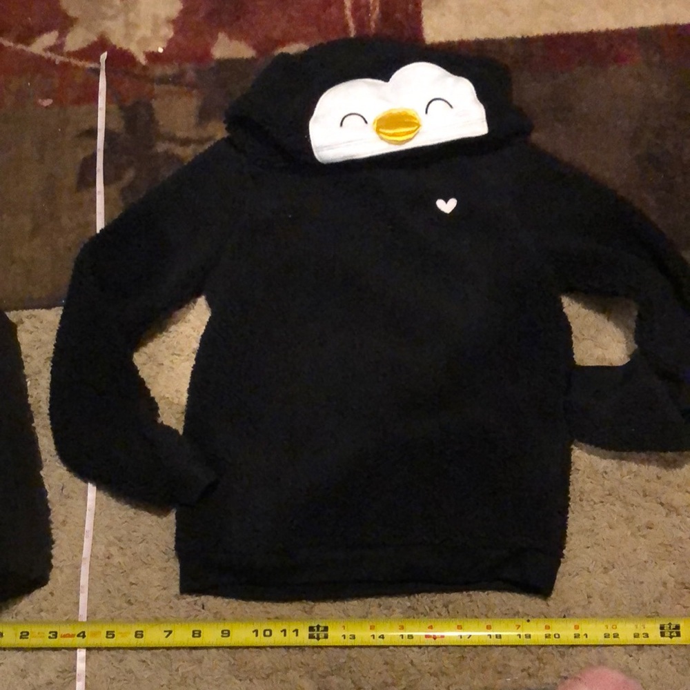SO black fuzzy penguin hoodie